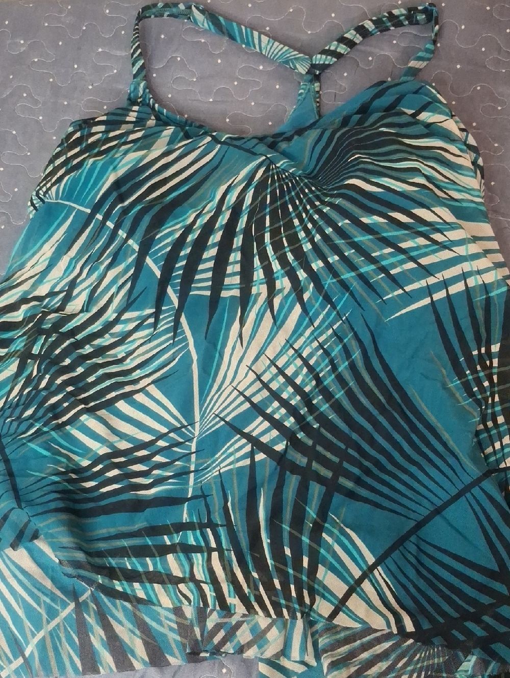 COCO Reef Tropical Teal Palm Print Tankini Top size 34DD